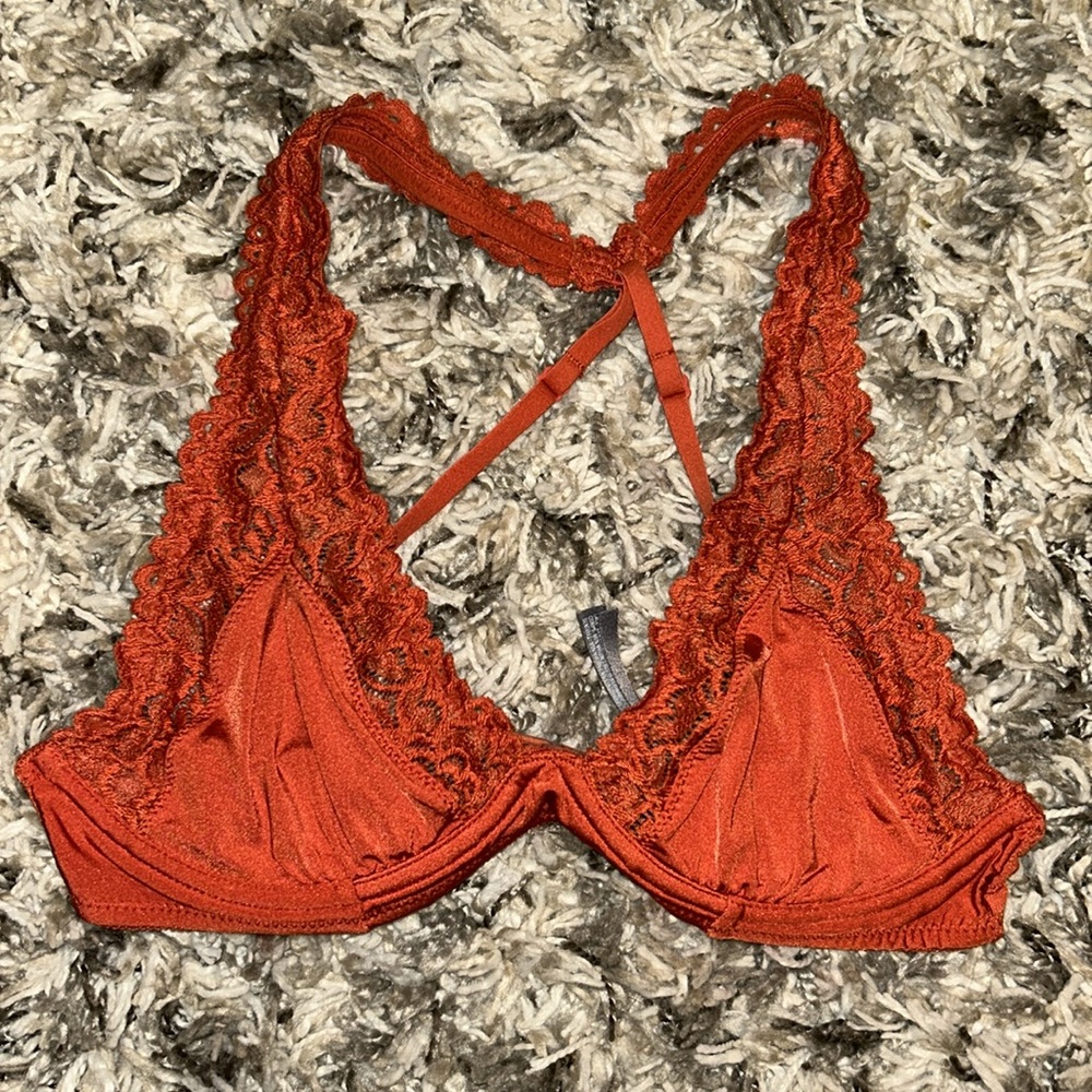 Aerie Happy Bralette 32C Orange Unlined Lace Racerback